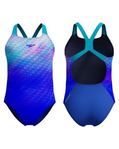 Speedo Mädchen Badeanzug Powerback mit blauem Print, innenfutter.